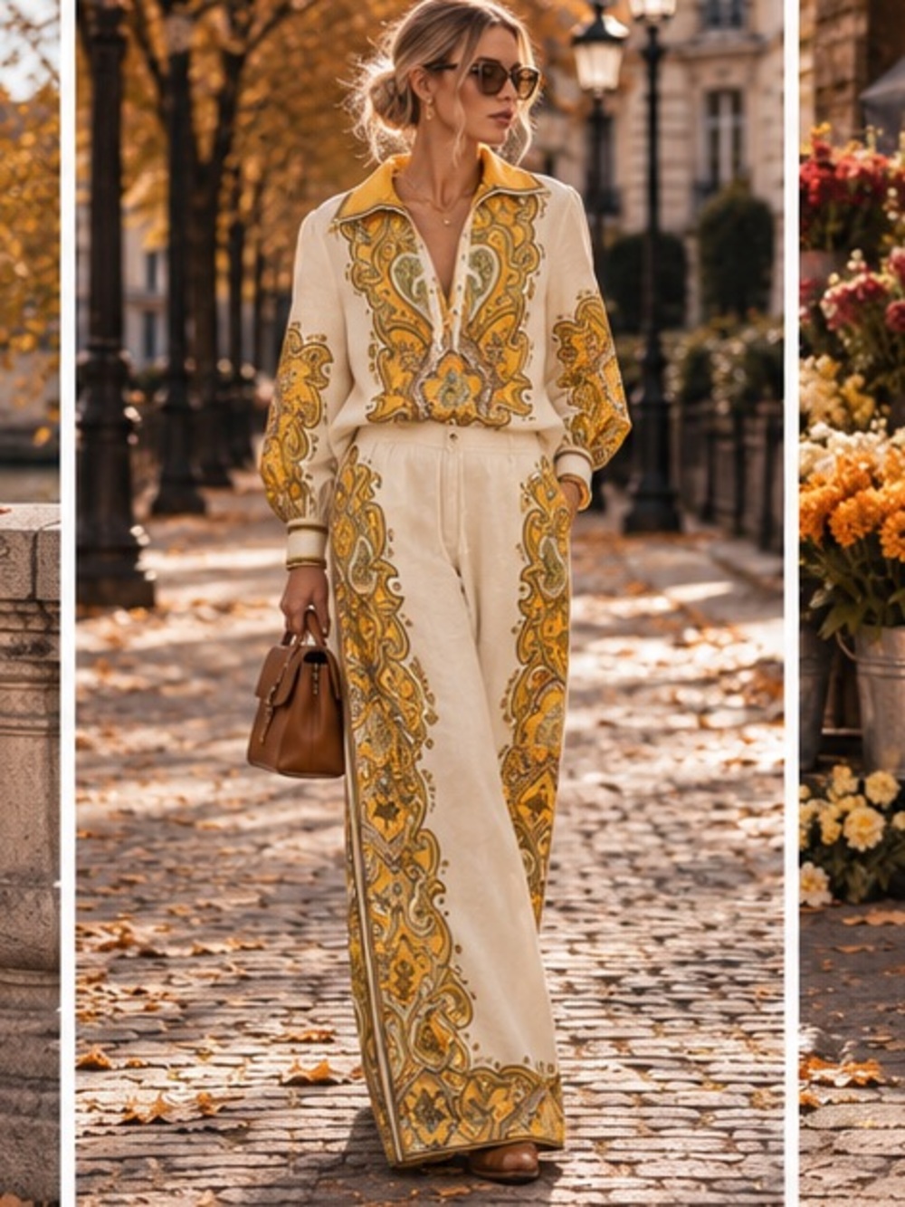 Alemais porter Cream Wide-Leg Set with Gold Paisley Trim